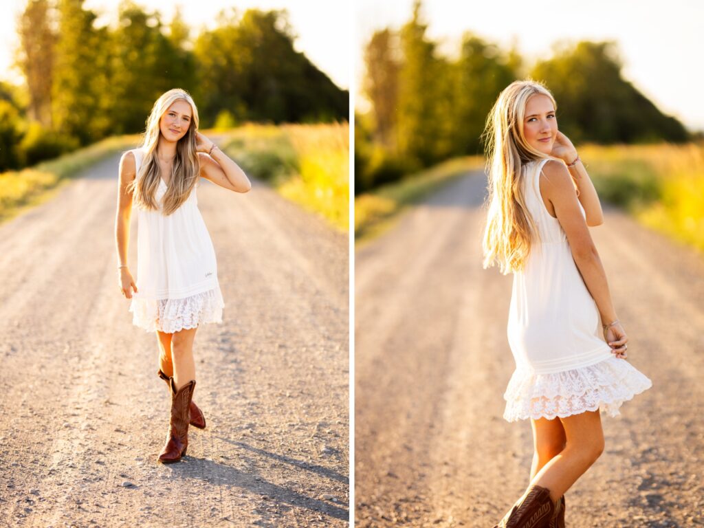 High school senior portraits of a girl in a white dress walking along a dirt road in a natural location in Vancouver Washington