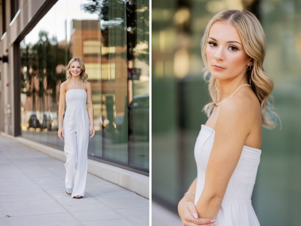 Senior portraits of a girl in downtown Portland Oregon by glass windows