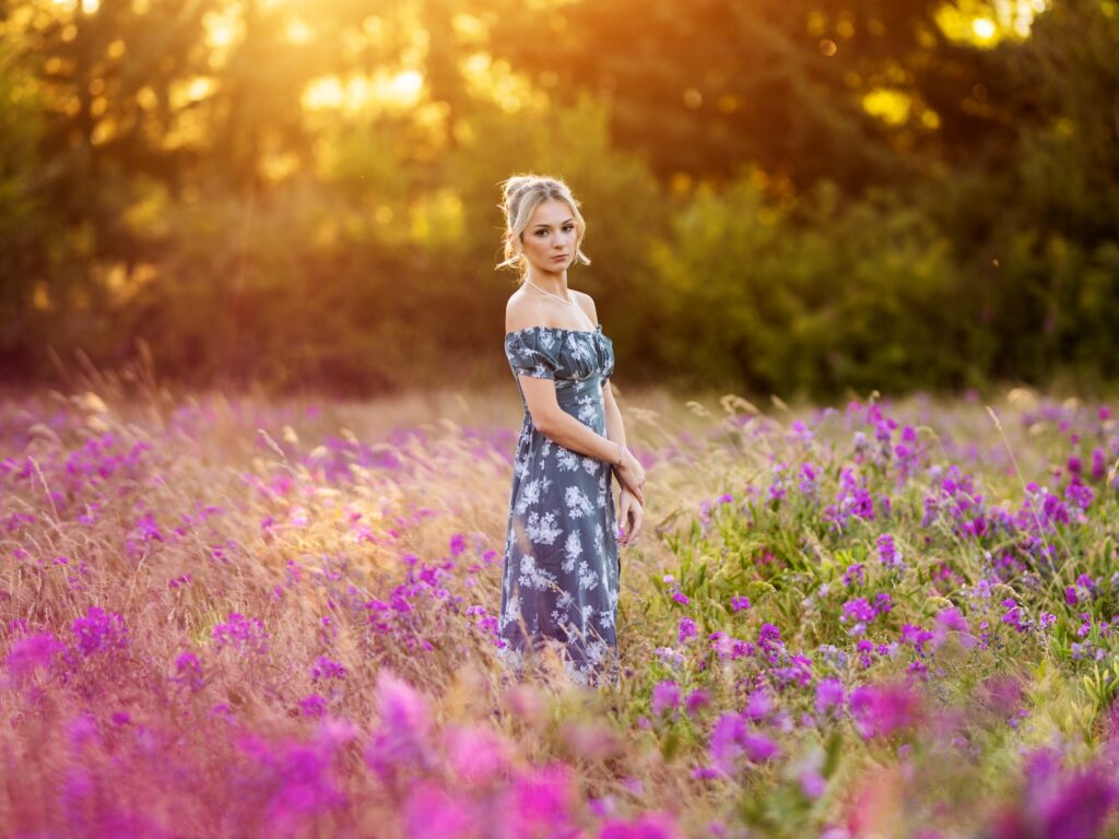 Girl in a field of purple flowers outside of Portland Oregon