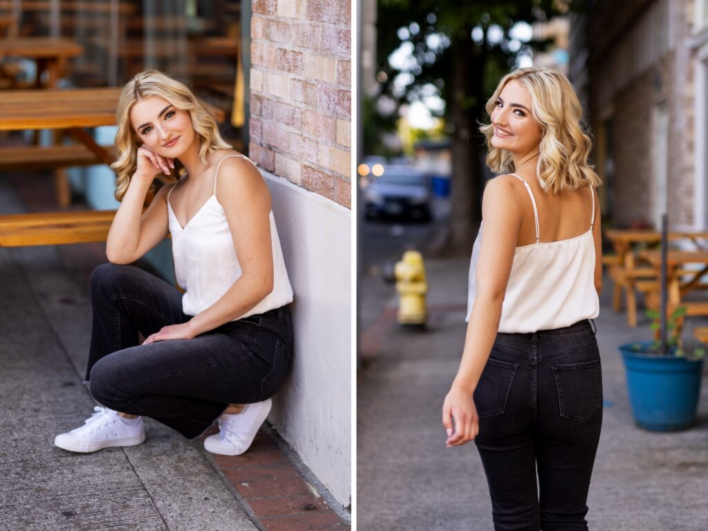 Senior portraits in downtown Vancouver Washington in an urban city location with a casual outfit