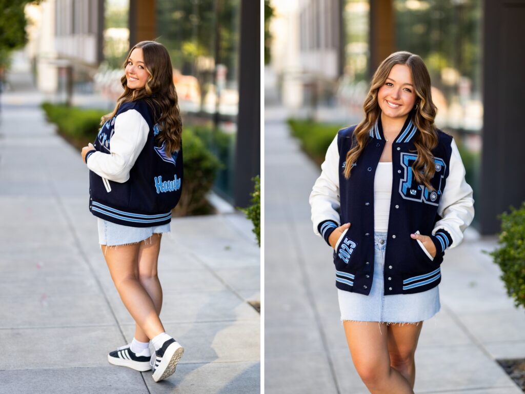 Senior photos in Vancouver Washington and Portland Oregon in the summer downtown city environment with letterman jacket