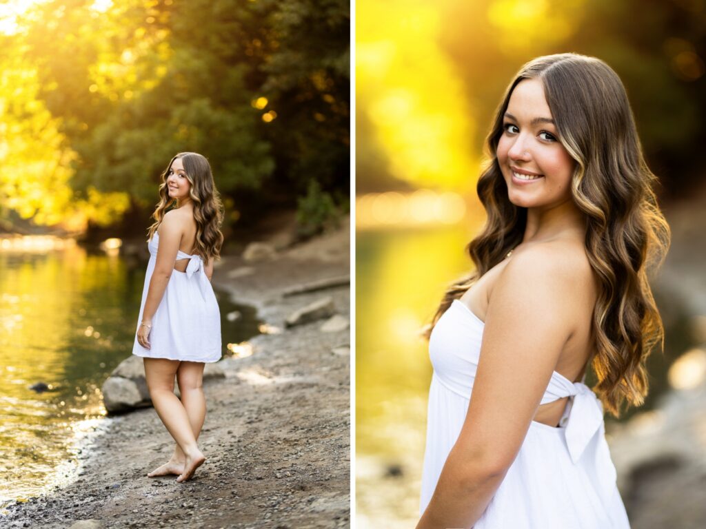 Senior photos in Vancouver Washington and Portland Oregon in the summer by a river in a dress