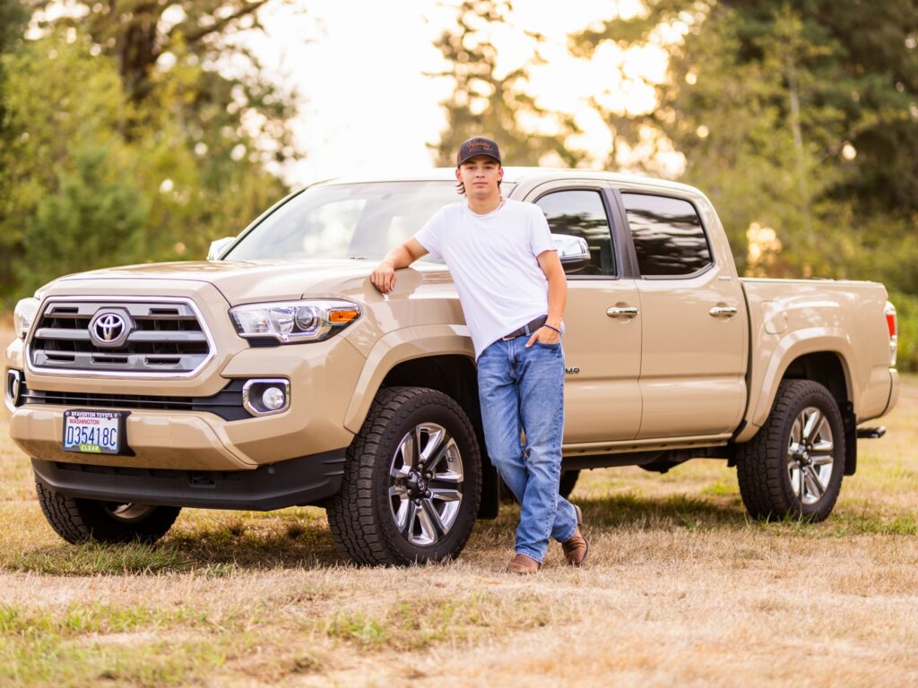 Guy senior photos in Vancouver Washington and Portland Oregon in summer with his truck