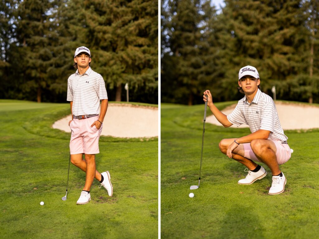 Guy senior photos in Vancouver Washington and Portland Oregon in summer with golf attire and golf club