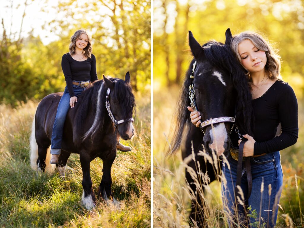 Equestrian horse photos in a country setting with grass and a barn with a high school senior for their senior portraits