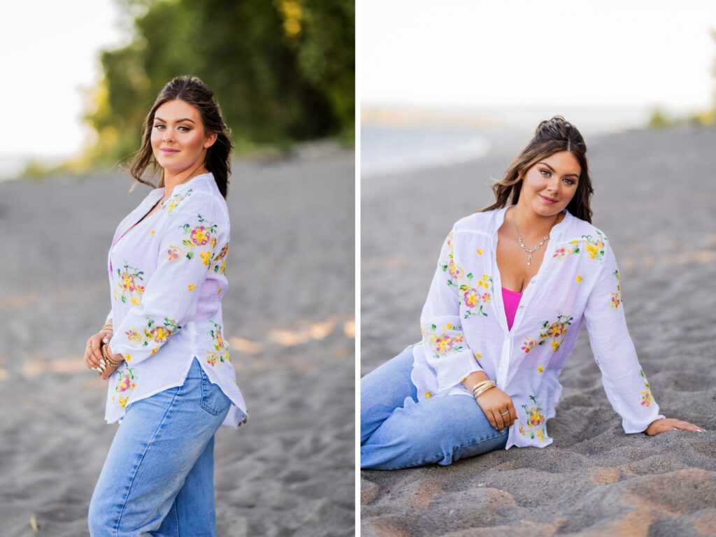 Senior portraits of a high school senior on a sandy beach by the water in Portland Oregon