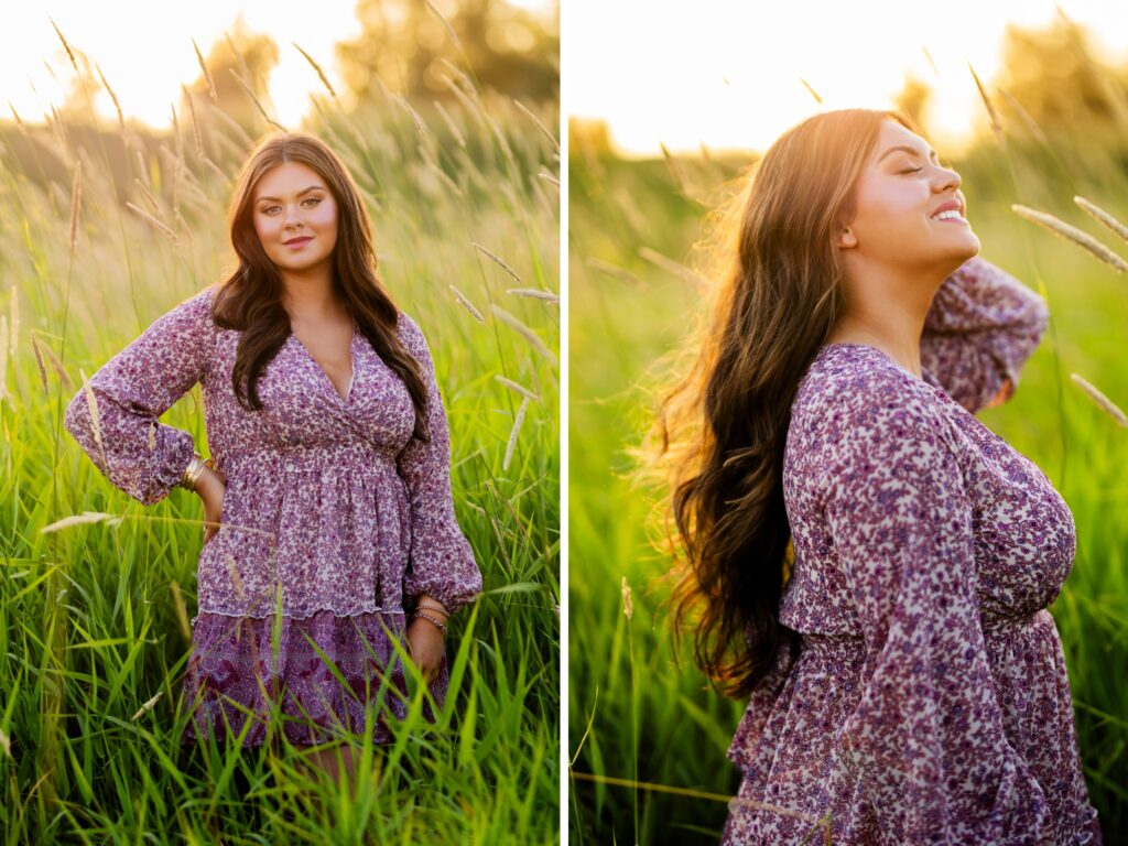 High school senior portraits of a girl in a purple dress in a field during sunset in Portland Oregon