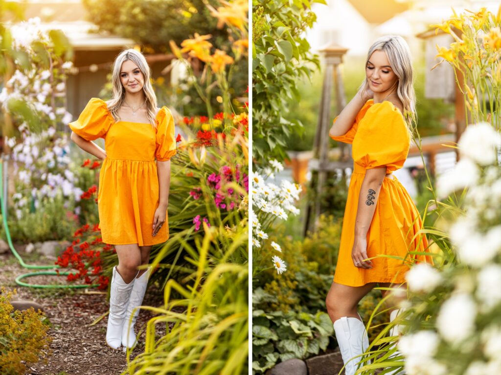 Senior portraits of a girl in an orange dress in a flower garden in Portland Oregon