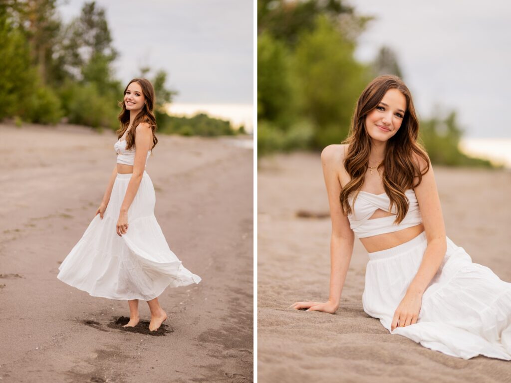 High school senior portraits in downtown Vancouver Washington in a natural setting on a sandy beach by the columbia river