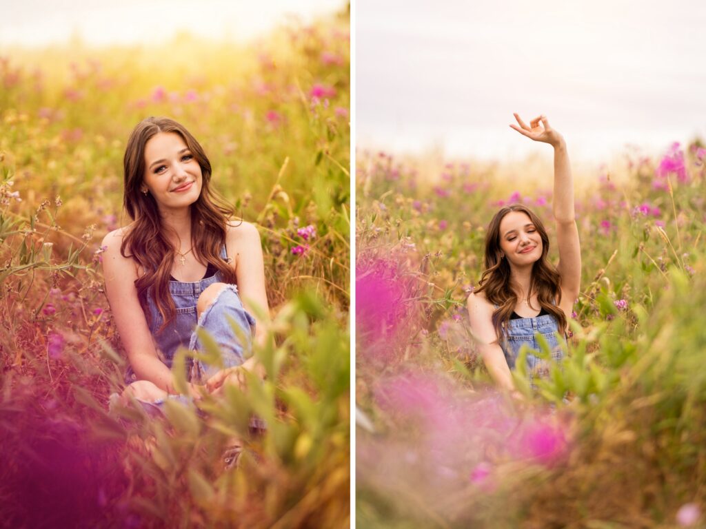High school senior portraits in downtown Vancouver Washington in a natural setting with purple flowers