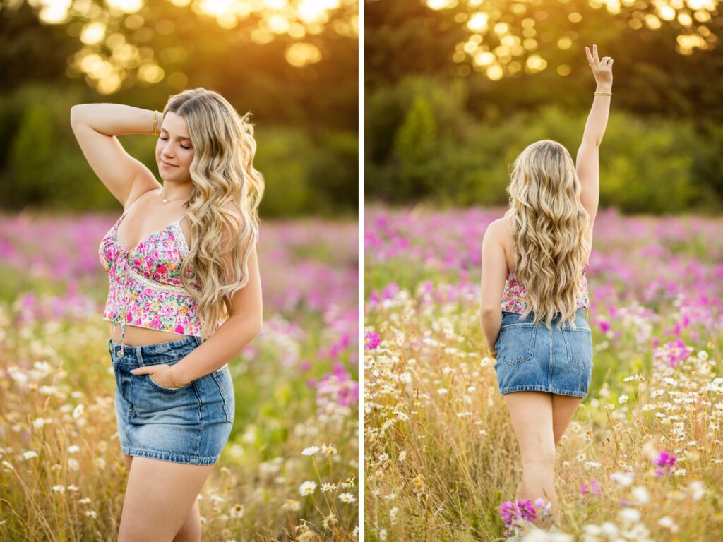 Senior photos in Vancouver Washington and Portland Oregon in the summer and cheer photos in a flower field