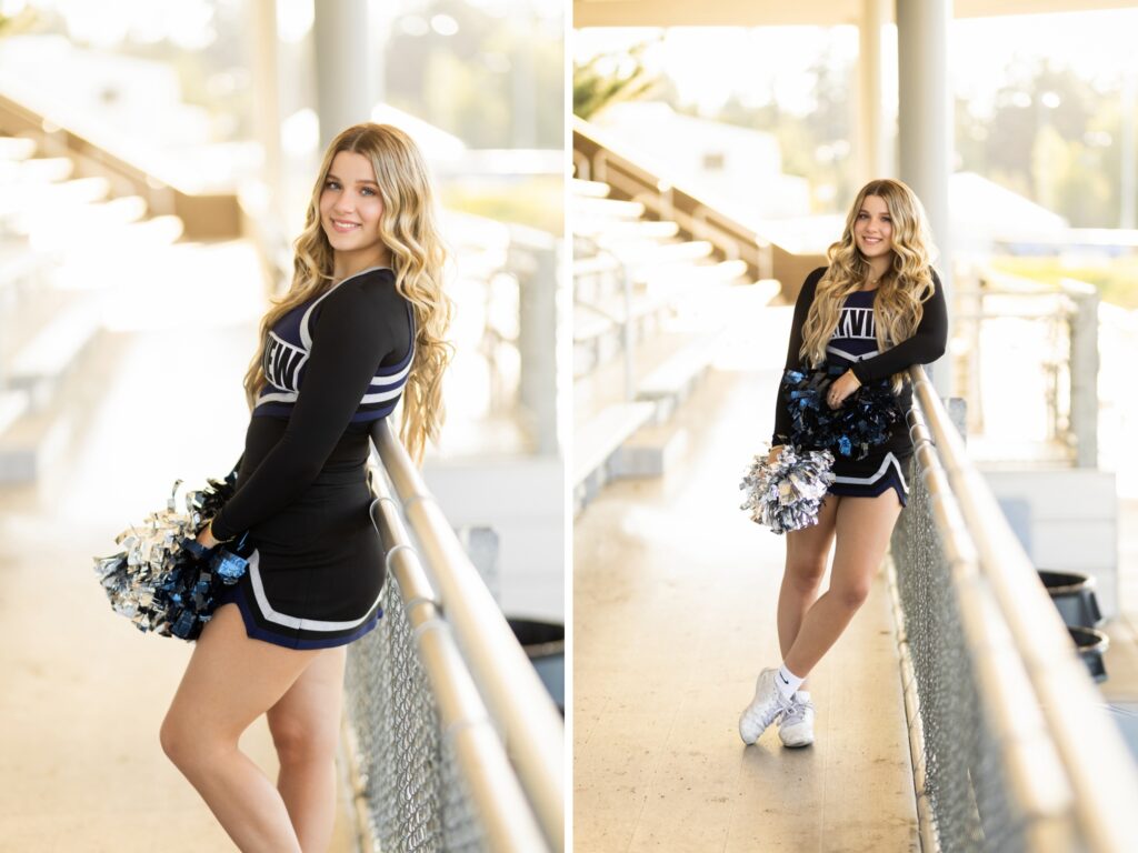 Senior photos in Vancouver Washington and Portland Oregon in the summer and cheer photos on the bleacher in cheer uniform