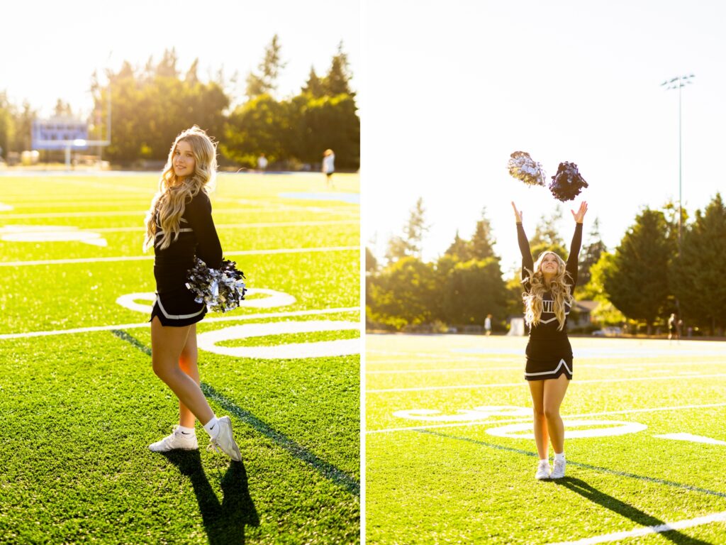 Senior photos in Vancouver Washington and Portland Oregon in the summer and cheer photos on the bleacher in cheer uniform