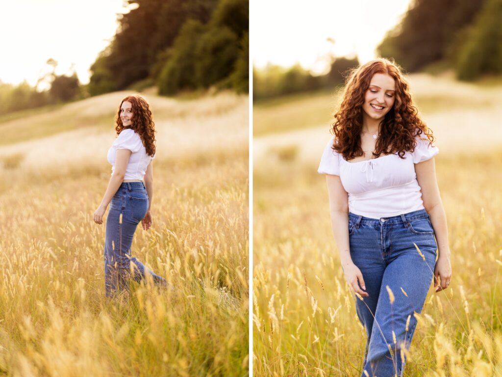 Senior portraits of a girl in a field with a casual outfit in West Linn Oregon