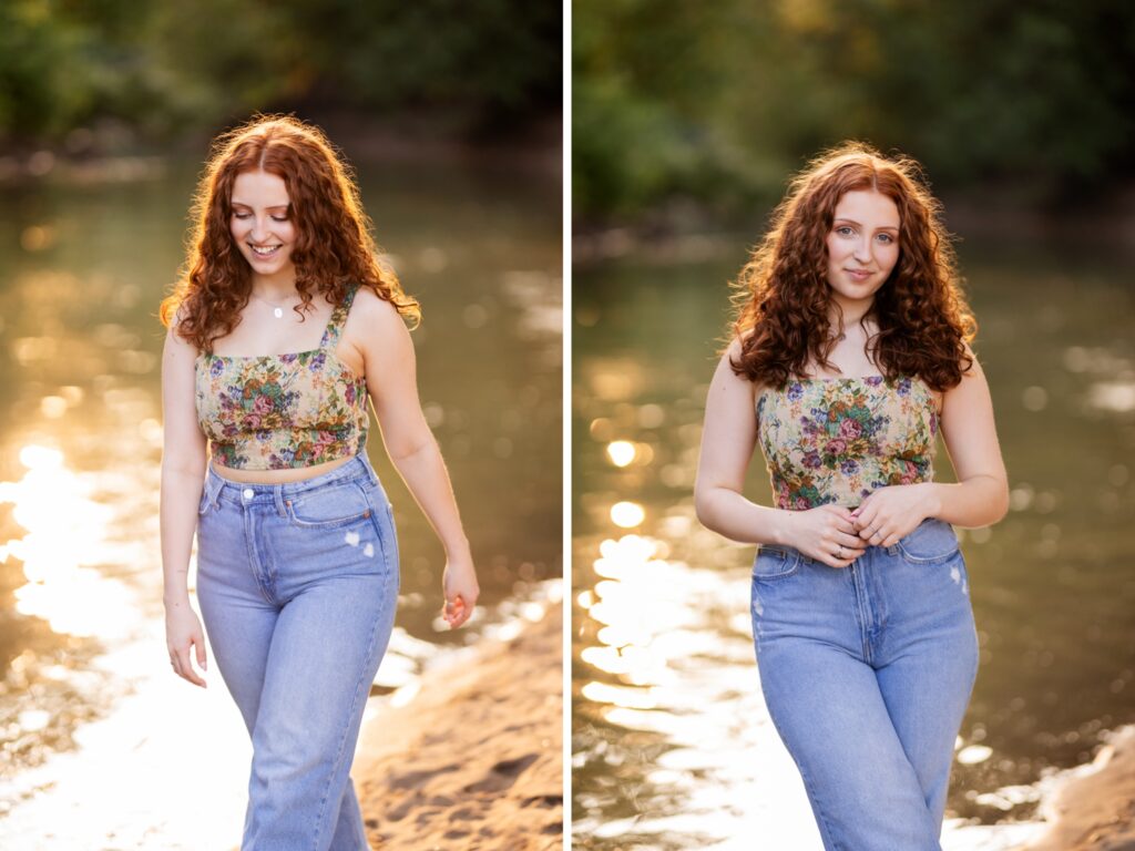 Senior portraits of a high school senior by a body of water and river during the sunset in West Linn Oregon