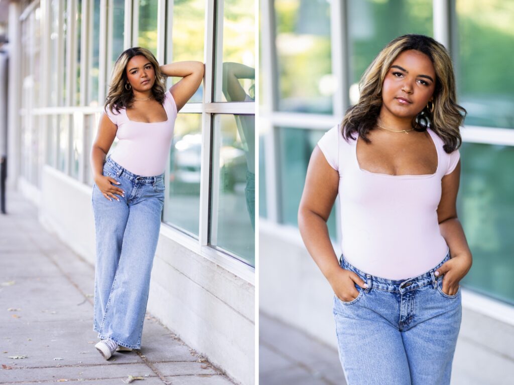 Senior portraits of a girl in an urban location by windows in a casual outfit in Vancouver Washington