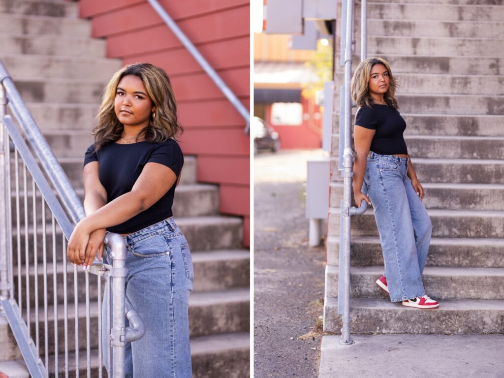 Senior portraits of a high school senior in downtown Ridgefield Washington