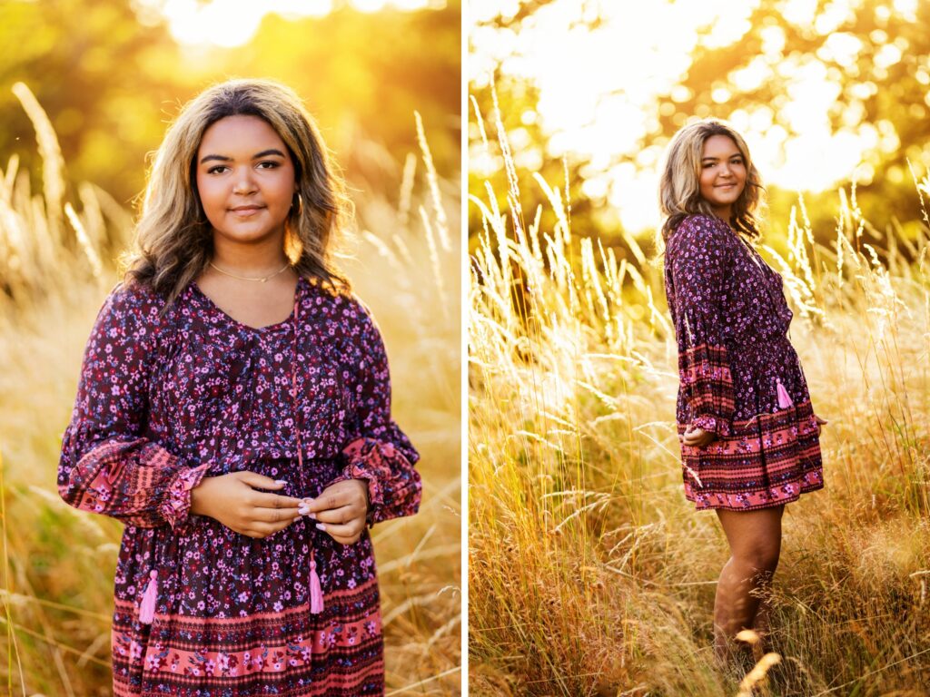 High school senior portraits in a purple Free People dress in a field during golden hour sunset in Ridgefield Washington