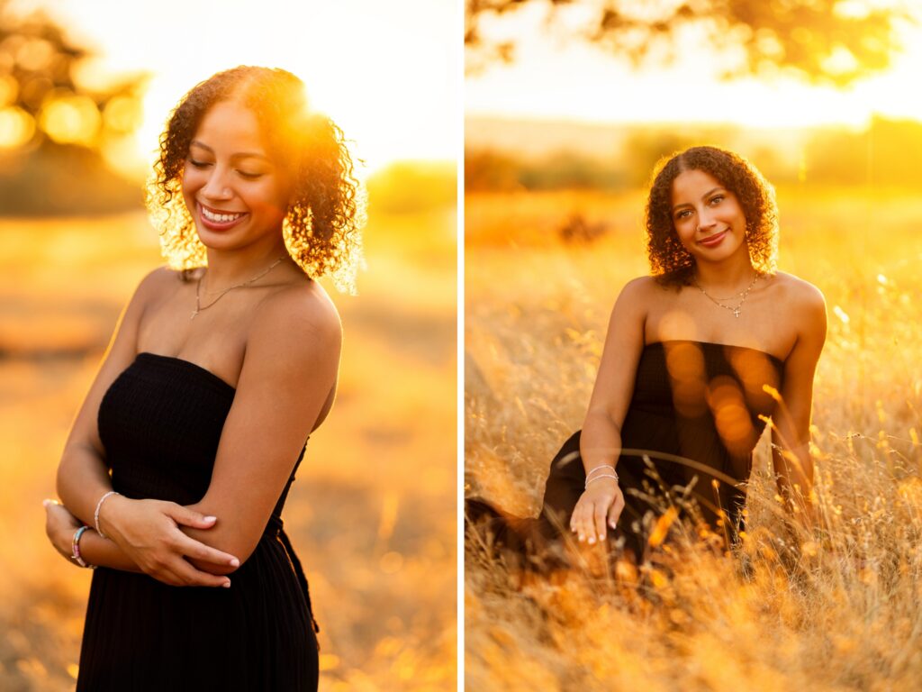 Senior photos in Vancouver Washington and Portland Oregon in the summer in a tall grassy field with a girl in a black dress