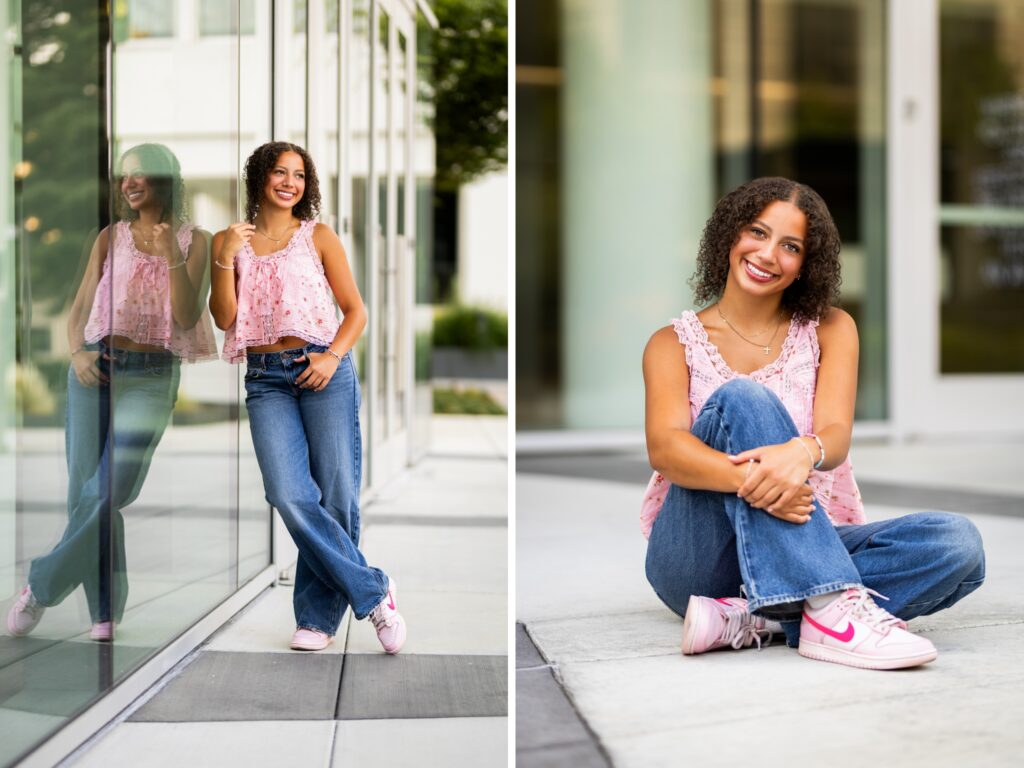 Girl senior photos in Vancouver Washington Lake Oswego, West Linn Oregon and Portland Oregon in the summer in an urban setting wearing a casual outfit with jeans