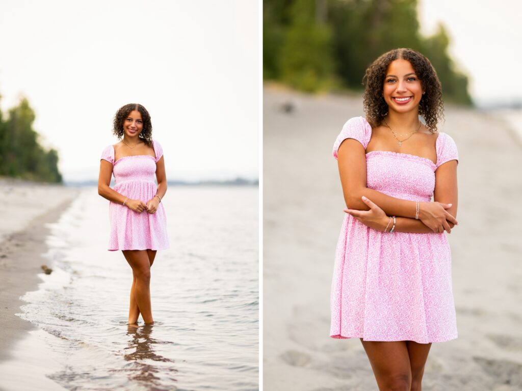 Girl senior photos in Vancouver Washington Lake Oswego, West Linn Oregon and Portland Oregon in the summer next to a river wearing a pink dress at sunset