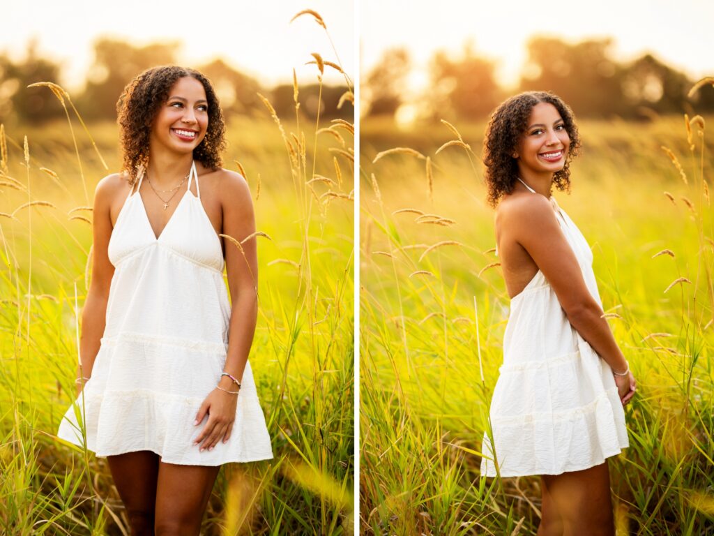 Senior photos in Vancouver Washington and Portland Oregon in the summer in a tall grassy field with a girl in a dress