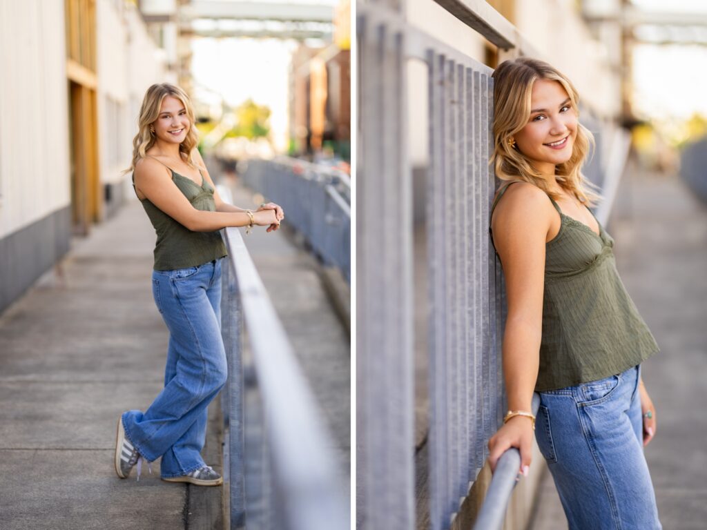 Girl senior photos in Vancouver Washington Lake Oswego, West Linn Oregon and Portland Oregon in the summer in an urban setting wearing a casual outfit with jeans