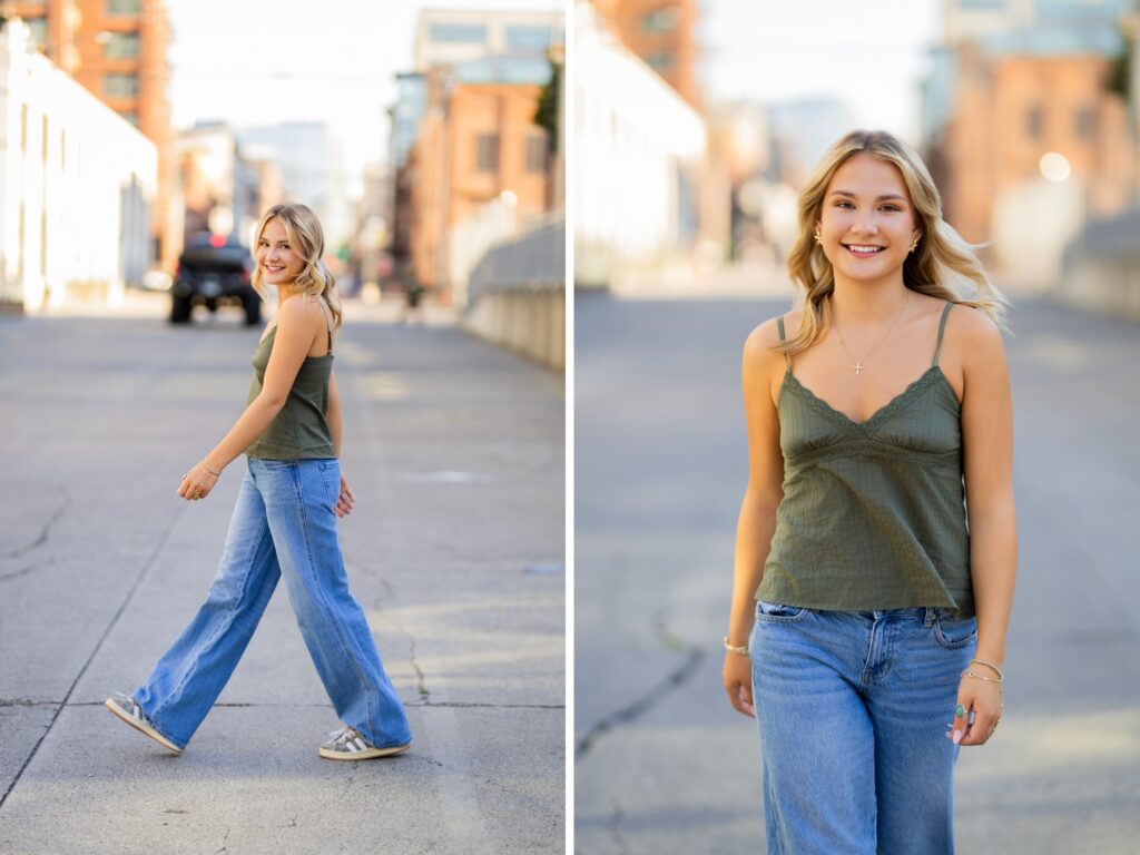Girl senior photos in Vancouver Washington Lake Oswego, West Linn Oregon and Portland Oregon in the summer in an urban setting wearing a casual outfit with jeans