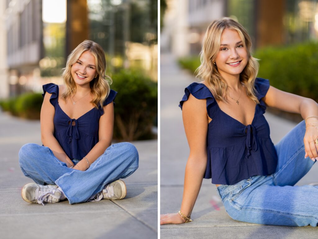 Girl senior photos in Vancouver Washington Lake Oswego, West Linn Oregon and Portland Oregon in the summer in an urban setting wearing a casual outfit with jeans