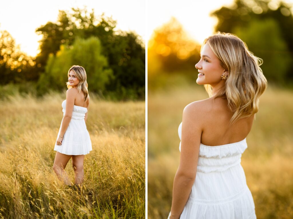 Girl senior photos in Vancouver Washington Lake Oswego, West Linn Oregon and Portland Oregon in the summer wearing a white dress in tall grass fields with sunset right behind her during golden hour