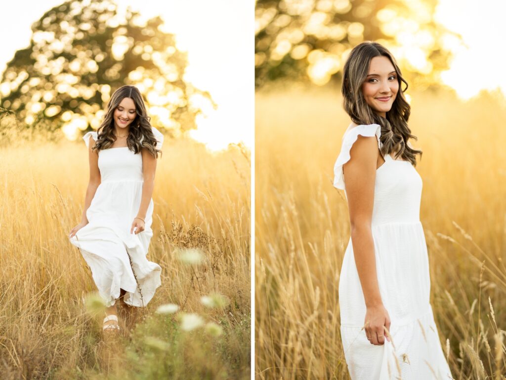 Senior photos in Vancouver Washington and Portland Oregon in the summer in a tall grassy field with a girl in a dress