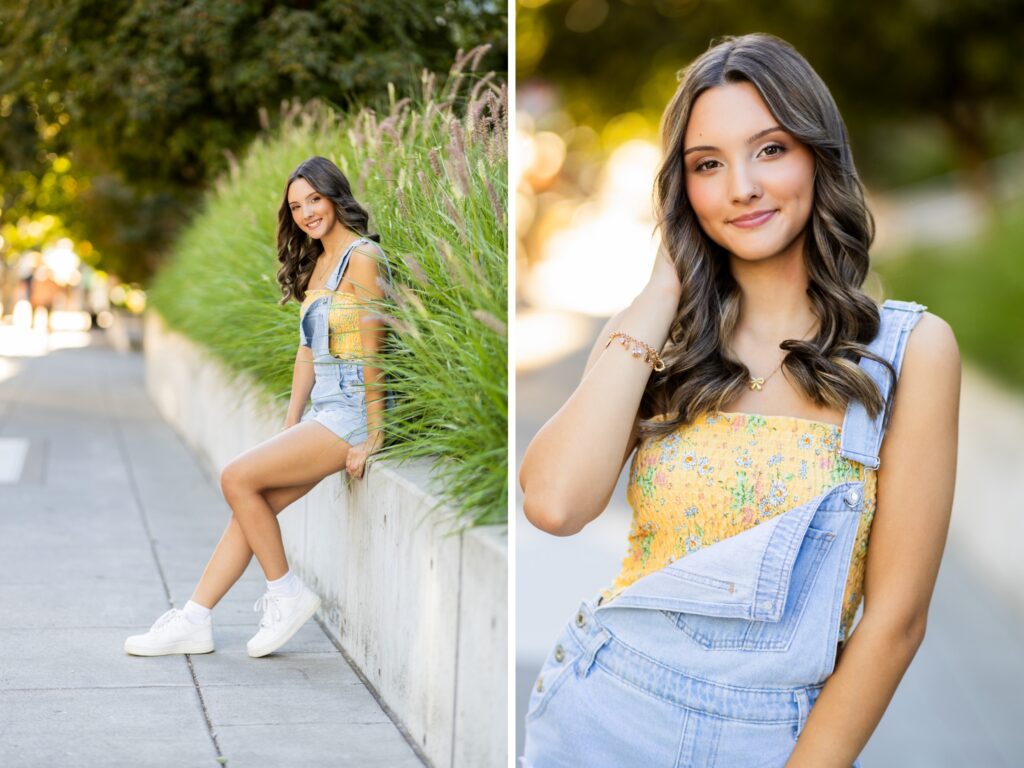Senior photos in Vancouver Washington and Portland Oregon in the summer in an urban environment with the city in the background