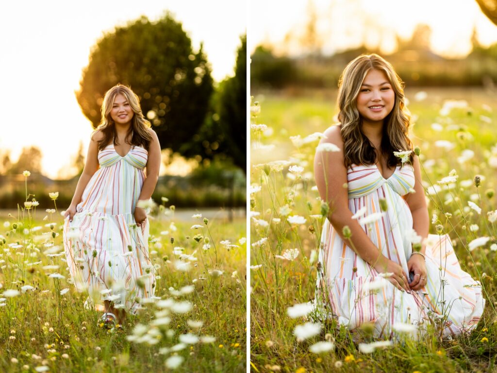 Senior photos in Vancouver Washington and Portland Oregon in the summer in a tall grassy field with a girl in a dress