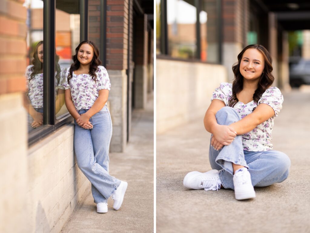Girl senior photos in Vancouver Washington Lake Oswego, West Linn Oregon and Portland Oregon in the summer in an urban setting wearing a casual outfit with jeans