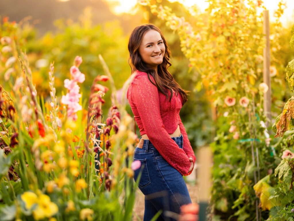 Girl senior photos in Vancouver Washington Lake Oswego, West Linn Oregon and Portland Oregon in the summer in a flower garden