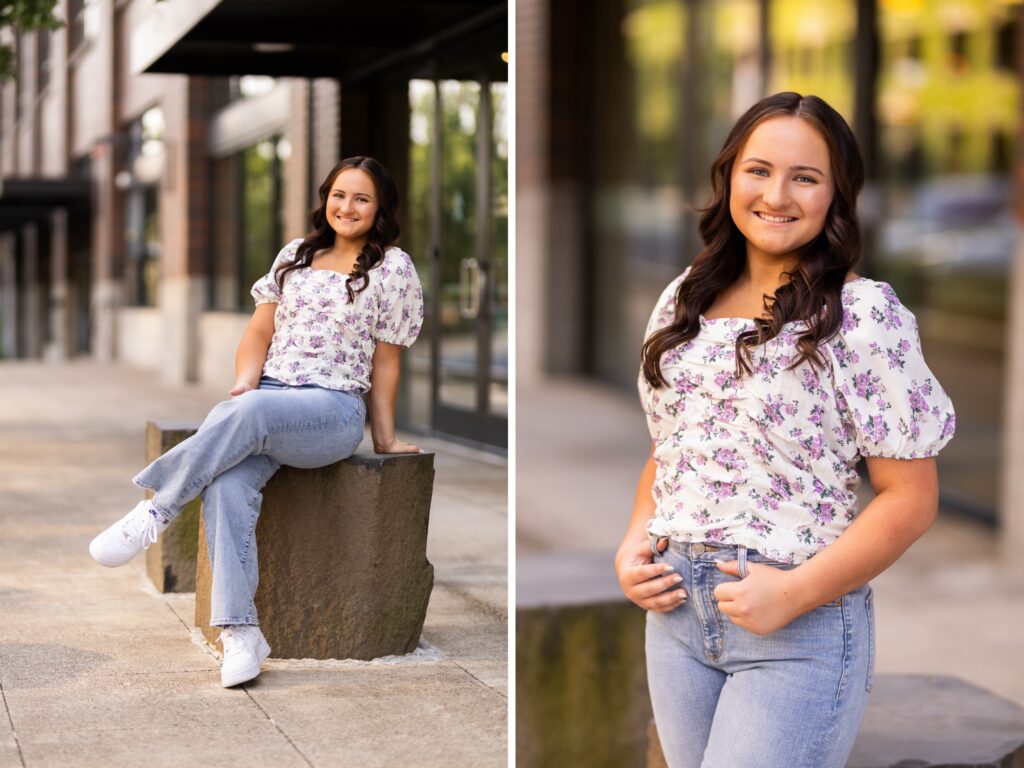 Girl senior photos in Vancouver Washington Lake Oswego, West Linn Oregon and Portland Oregon in the summer in an urban setting wearing a casual outfit with jeans