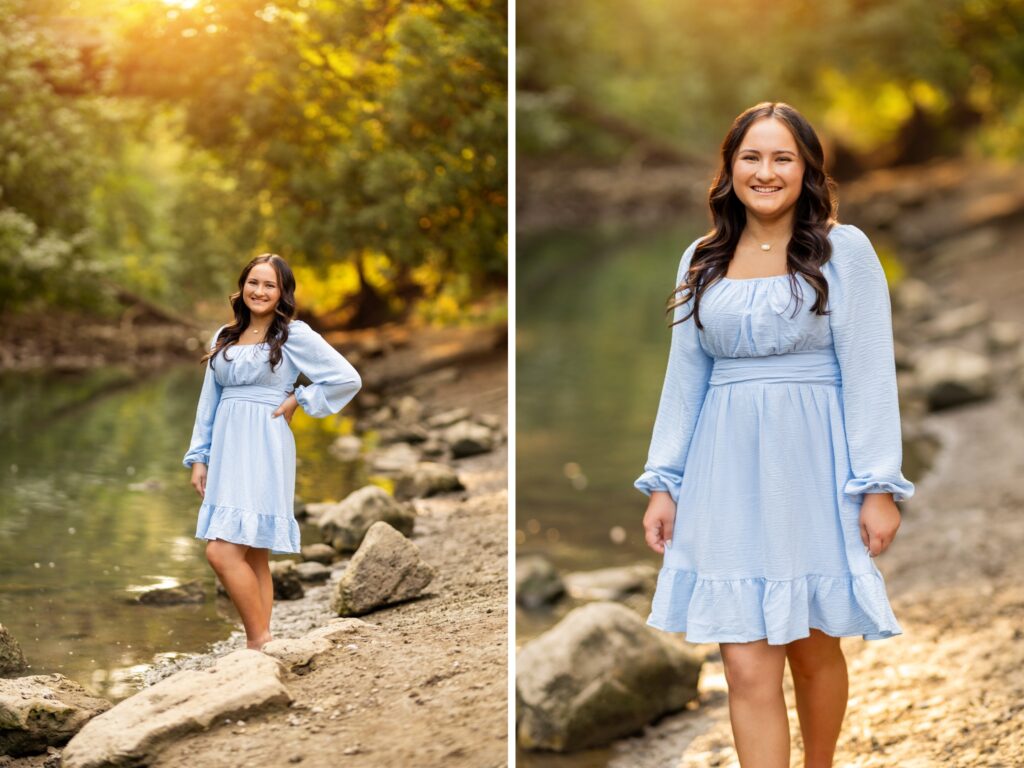 Girl Senior photos in Vancouver Washington Lake Oswego, West Linn Oregon and Portland Oregon in the summer by a river with trees all around