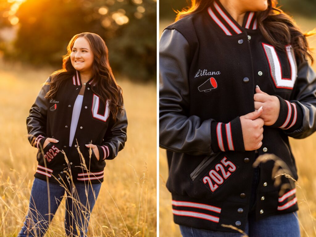 Girl senior photos in Vancouver Washington Lake Oswego, West Linn Oregon and Portland Oregon in the summer in a field wearing her letterman jacket