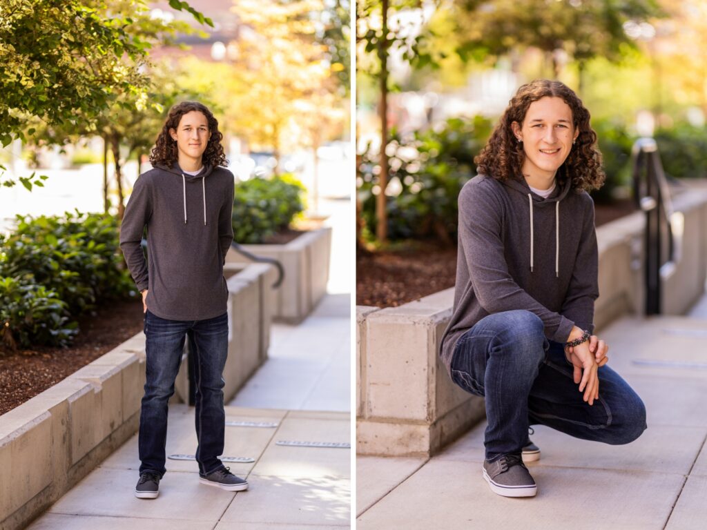 Guy senior portraits in Camas Washington in an urban setting in a gray sweatshirt