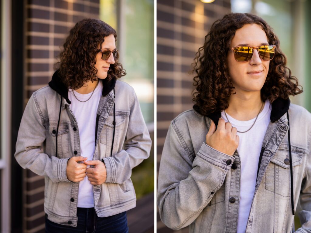 Guy senior portraits in Camas Washington in an urban setting in a denim jacket