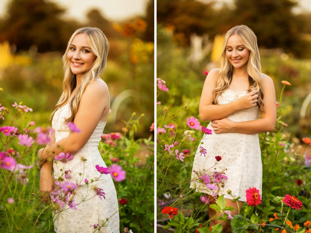 Girl senior photos in Lake Oswego, OR in the late summer during golden hour and she's wearing a white dress in a flower garden