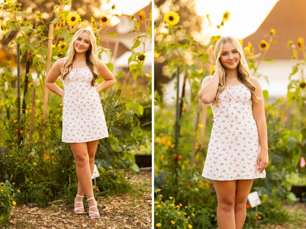 Girl senior photos in Lake Oswego, OR in the late summer during golden hour and she's wearing a floral dress in a field of sunflowers with a white barn in the background and the sun behind her