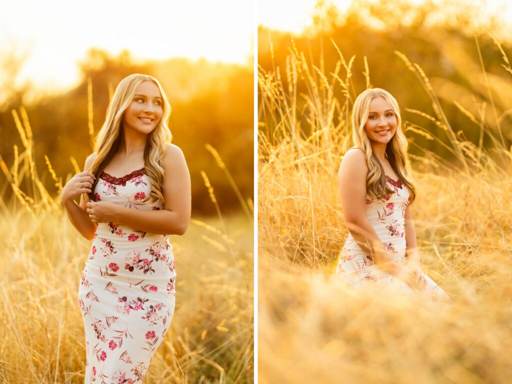 Girl senior photos in Lake Oswego, OR in the late summer during golden hour and she's wearing a floral dress in tall grass fields with the sun shining behind her