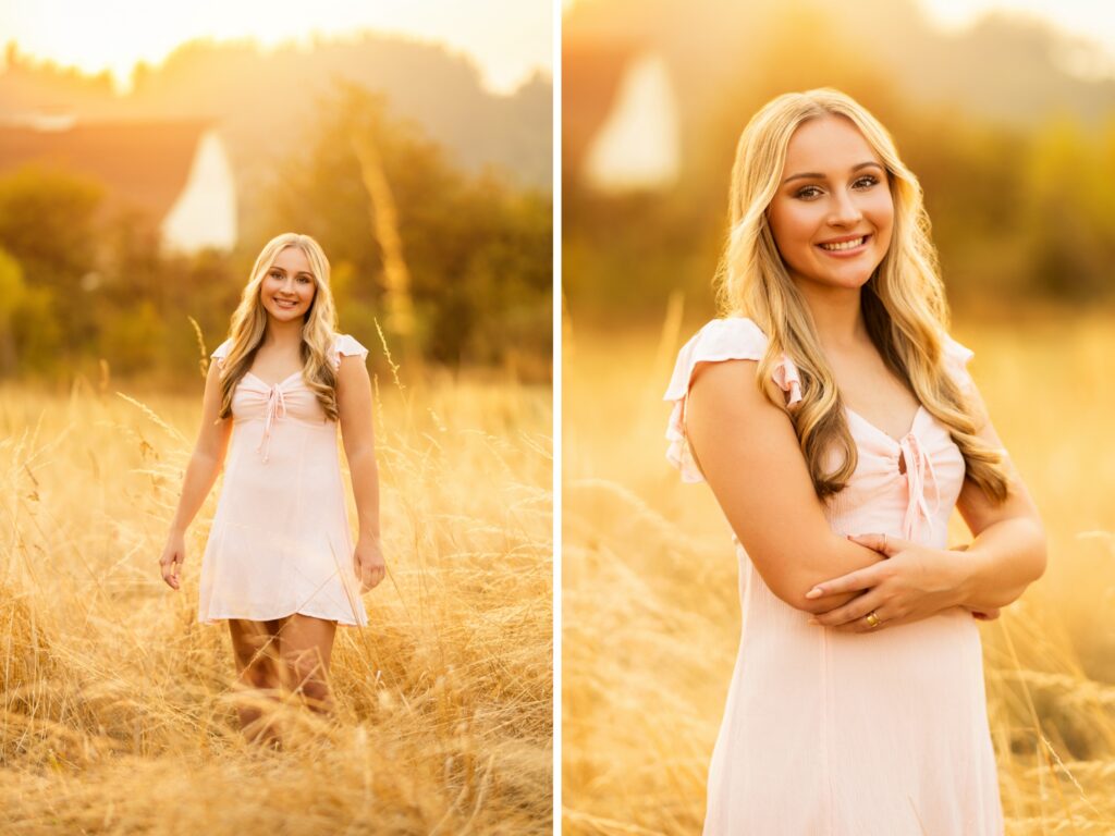 Girl senior photos in Lake Oswego, OR in the late summer during golden hour and she's wearing a light pink dress in a field of tall grasses with the hazy sky