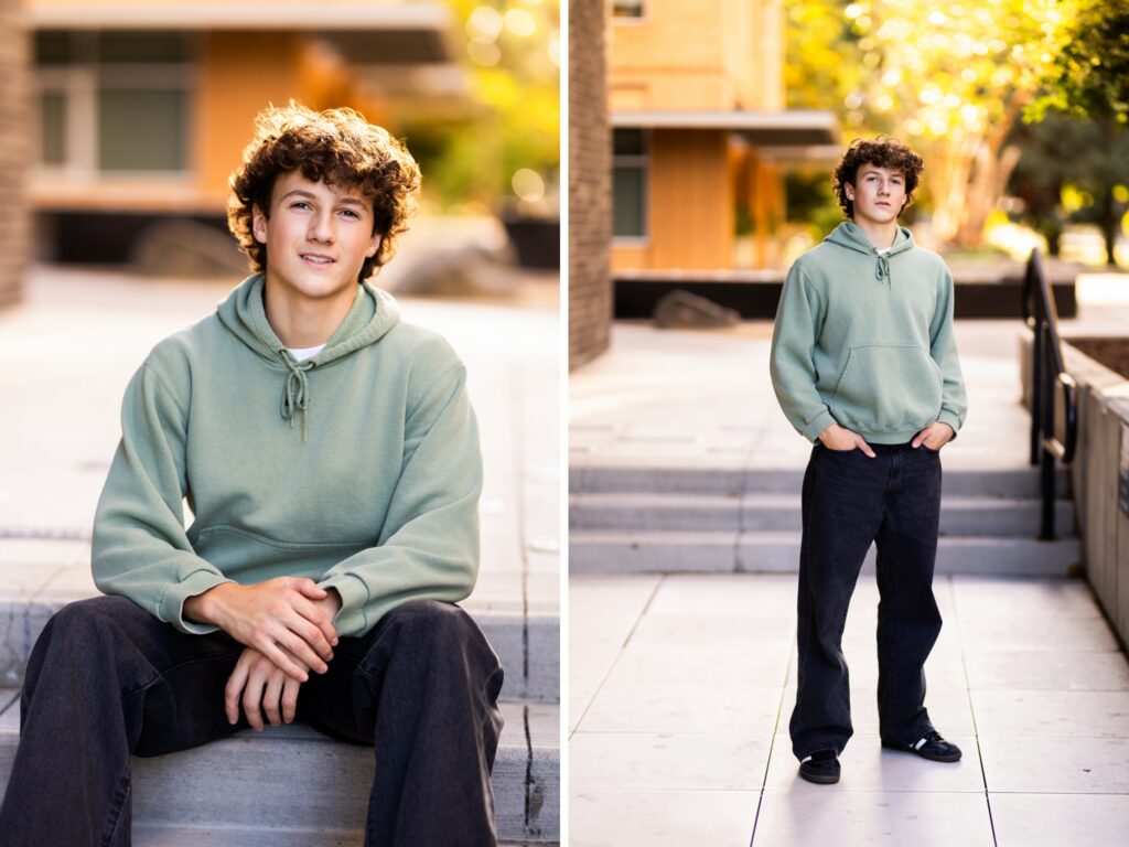 Boy senior pictures in downtown Vancouver, WA wearing a sage green hoodie in a modern urban setting.