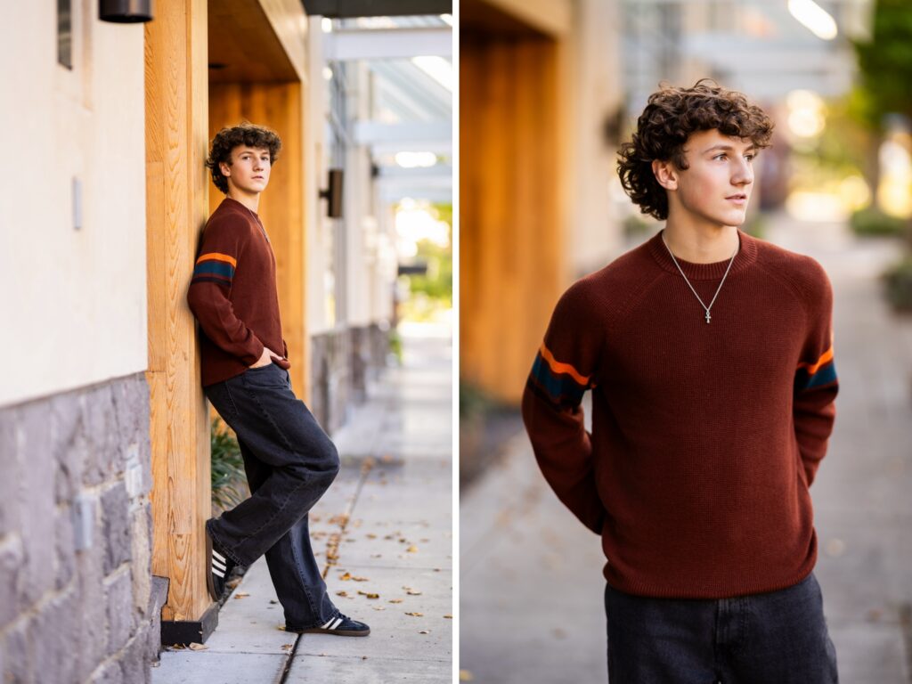Boy senior portrait in downtown Vancouver, WA wearing a rust brown sweater in an urban shopping district.