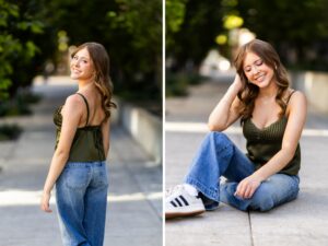 Girl senior photos in downtown Portland, OR wearing a green top and jeans for a casual urban look.