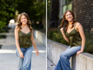 Girl senior photos in downtown Portland, OR wearing a green top and jeans for a casual urban look.
