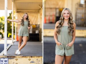 Girl senior pictures in Vancouver, WA wearing a sage green linen romper and white sneakers while posing at an urban loading dock with a vintage yellow platform.