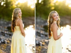 Girl senior pictures in Vancouver, WA during golden hour wearing a butter yellow tiered maxi dress beside a rocky riverbank with sparkling water in the background.